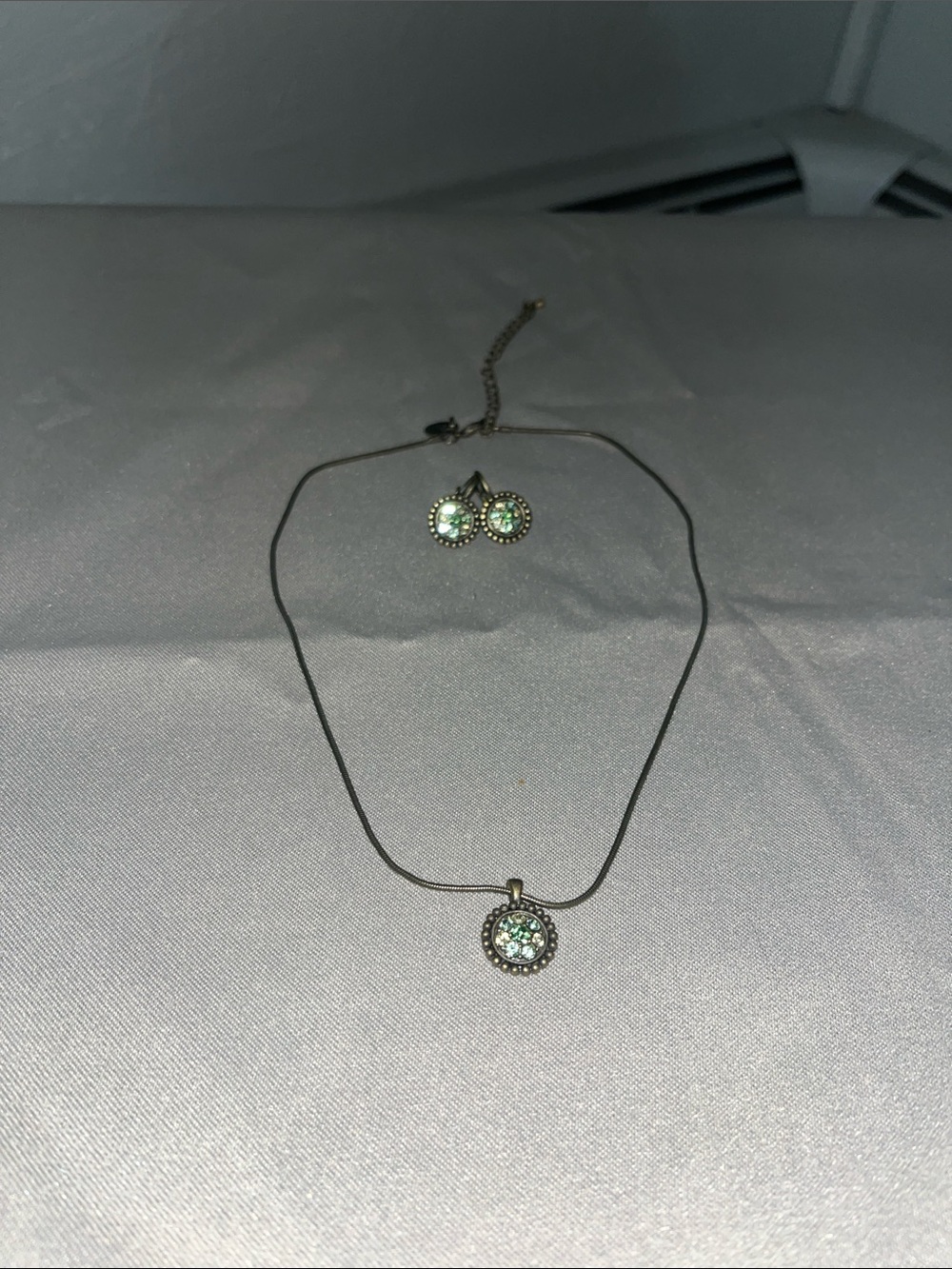 Lia Sophia Green Crystal Halo Pendant Necklace with Matching Earrings